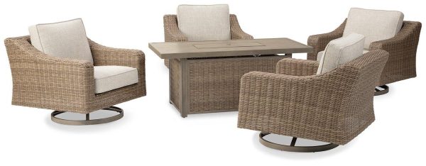 Beachcroft Beachcroft Fire Pit Table with Four Nuvella Swivel Lounge Chairs Discount