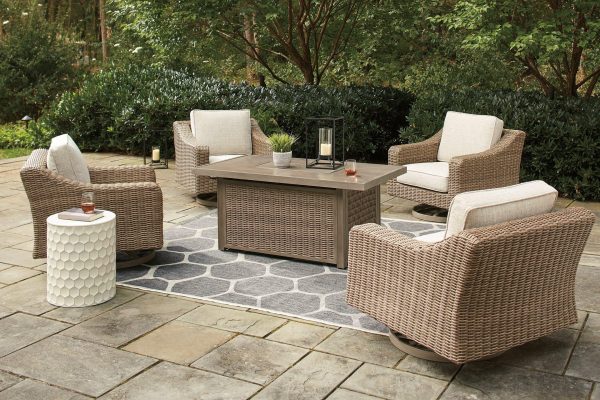 Beachcroft Beachcroft Fire Pit Table with Four Nuvella Swivel Lounge Chairs Discount